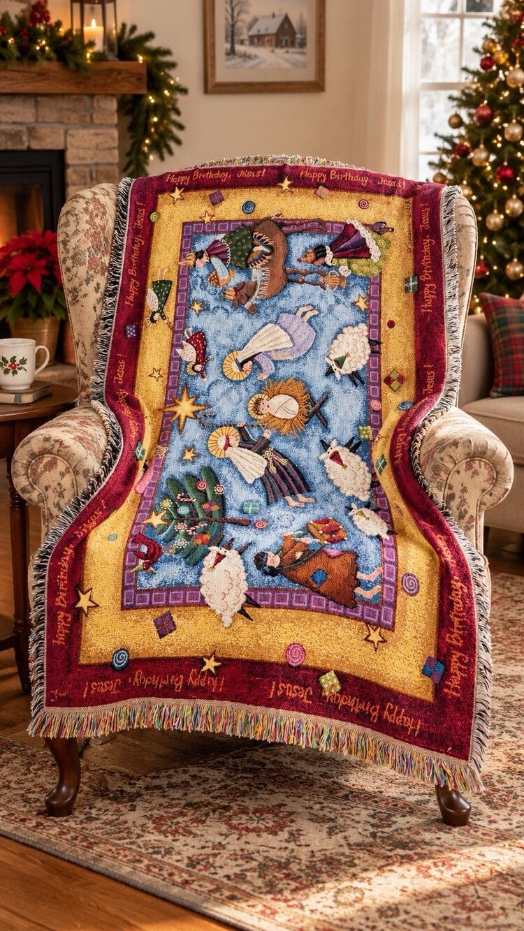 VTG 90’s Susan Welch Happy Birthday Jesus! 100% Cotton Throw Christmas 60x40